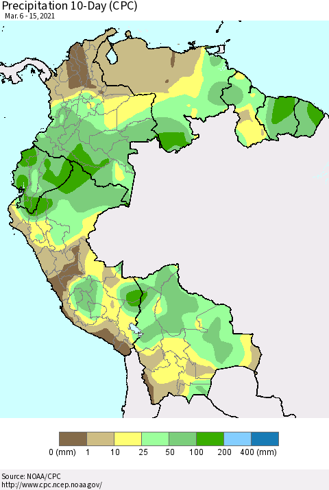 Northern South America Precipitation 10-Day (CPC) Thematic Map For 3/6/2021 - 3/15/2021