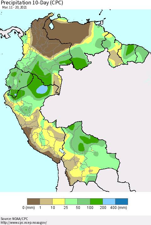 Northern South America Precipitation 10-Day (CPC) Thematic Map For 3/11/2021 - 3/20/2021