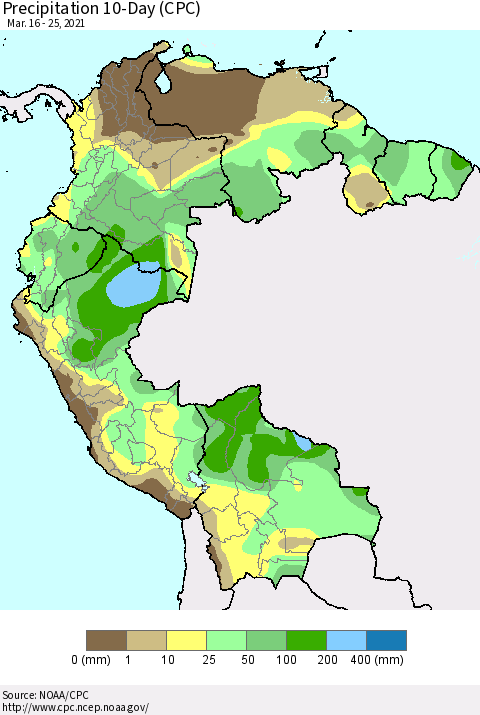 Northern South America Precipitation 10-Day (CPC) Thematic Map For 3/16/2021 - 3/25/2021