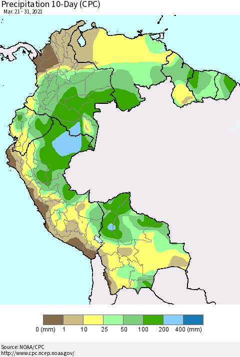 Northern South America Precipitation 10-Day (CPC) Thematic Map For 3/21/2021 - 3/31/2021