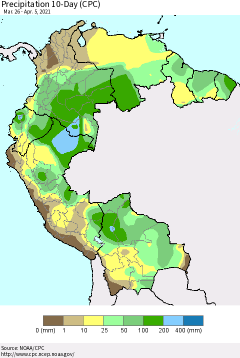 Northern South America Precipitation 10-Day (CPC) Thematic Map For 3/26/2021 - 4/5/2021
