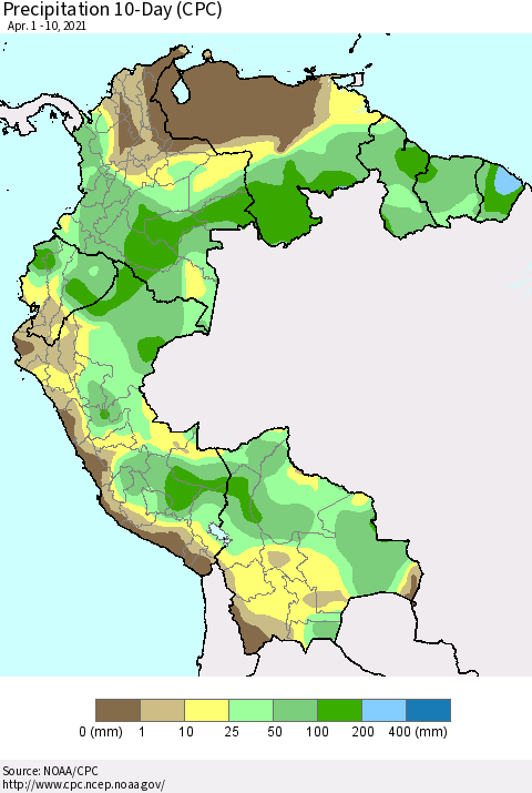 Northern South America Precipitation 10-Day (CPC) Thematic Map For 4/1/2021 - 4/10/2021