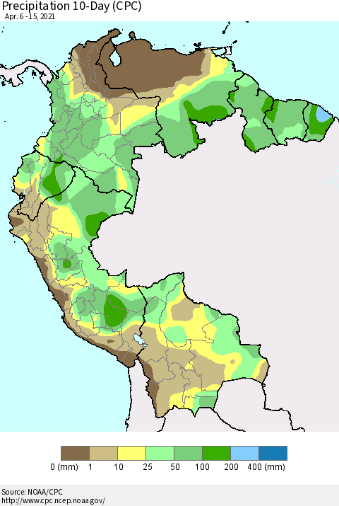 Northern South America Precipitation 10-Day (CPC) Thematic Map For 4/6/2021 - 4/15/2021
