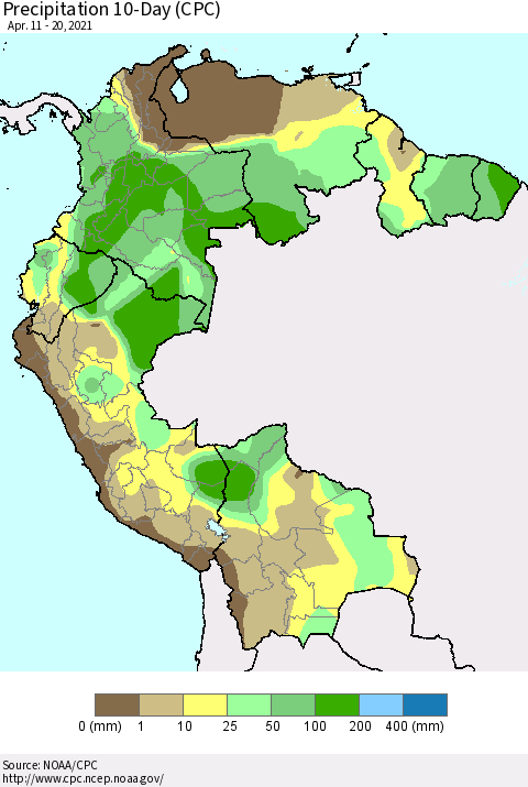 Northern South America Precipitation 10-Day (CPC) Thematic Map For 4/11/2021 - 4/20/2021