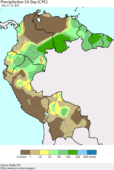 Northern South America Precipitation 10-Day (CPC) Thematic Map For 5/6/2021 - 5/15/2021