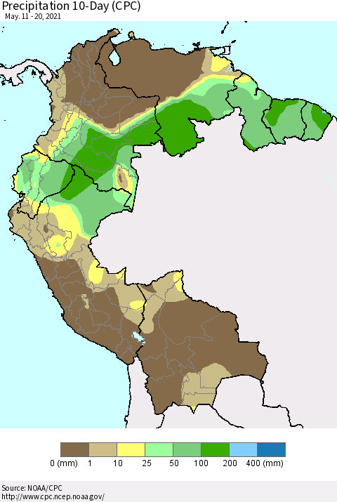 Northern South America Precipitation 10-Day (CPC) Thematic Map For 5/11/2021 - 5/20/2021