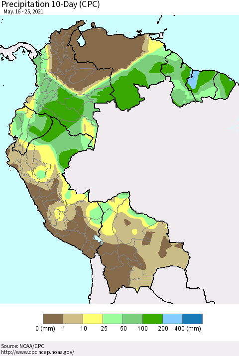 Northern South America Precipitation 10-Day (CPC) Thematic Map For 5/16/2021 - 5/25/2021