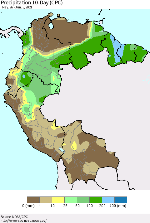 Northern South America Precipitation 10-Day (CPC) Thematic Map For 5/26/2021 - 6/5/2021