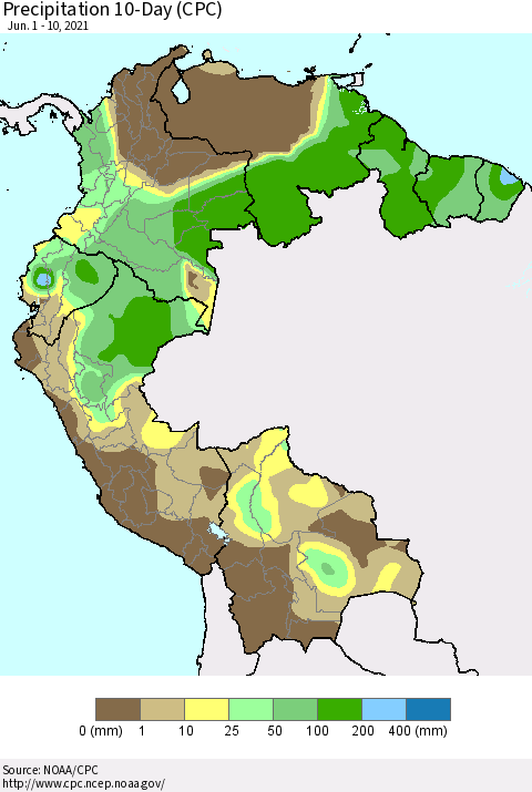 Northern South America Precipitation 10-Day (CPC) Thematic Map For 6/1/2021 - 6/10/2021
