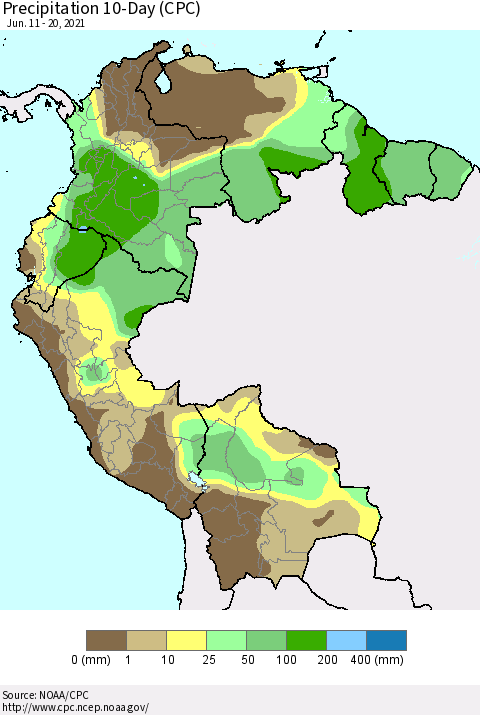 Northern South America Precipitation 10-Day (CPC) Thematic Map For 6/11/2021 - 6/20/2021