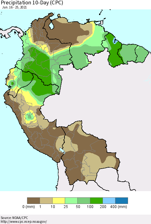 Northern South America Precipitation 10-Day (CPC) Thematic Map For 6/16/2021 - 6/25/2021