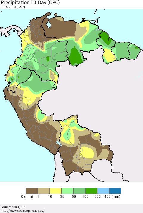 Northern South America Precipitation 10-Day (CPC) Thematic Map For 6/21/2021 - 6/30/2021