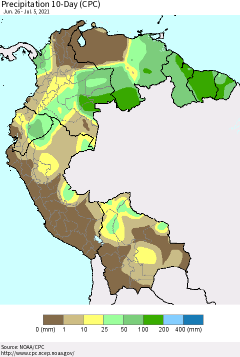 Northern South America Precipitation 10-Day (CPC) Thematic Map For 6/26/2021 - 7/5/2021