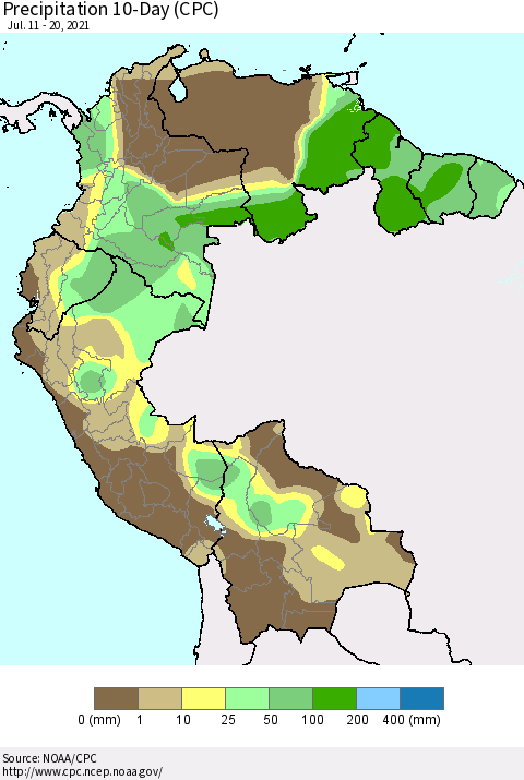Northern South America Precipitation 10-Day (CPC) Thematic Map For 7/11/2021 - 7/20/2021
