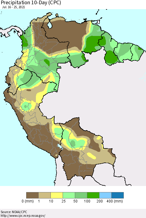 Northern South America Precipitation 10-Day (CPC) Thematic Map For 7/16/2021 - 7/25/2021