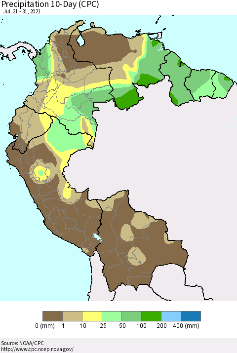 Northern South America Precipitation 10-Day (CPC) Thematic Map For 7/21/2021 - 7/31/2021