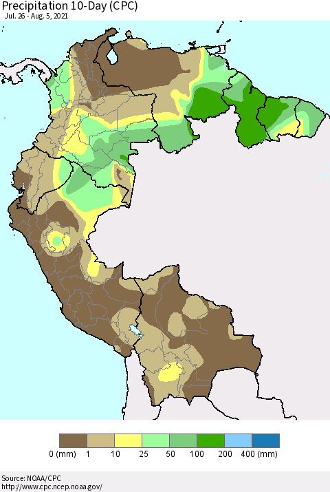 Northern South America Precipitation 10-Day (CPC) Thematic Map For 7/26/2021 - 8/5/2021