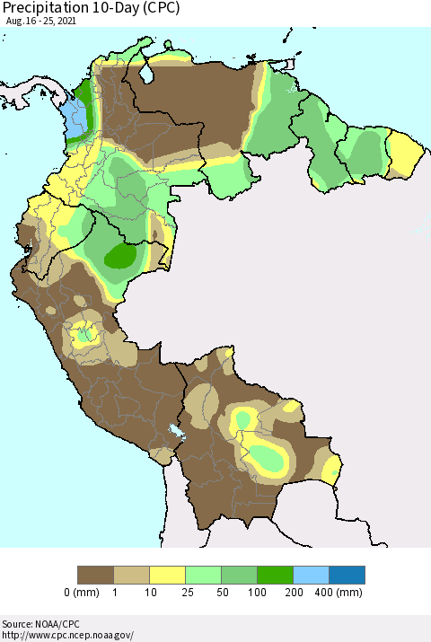 Northern South America Precipitation 10-Day (CPC) Thematic Map For 8/16/2021 - 8/25/2021