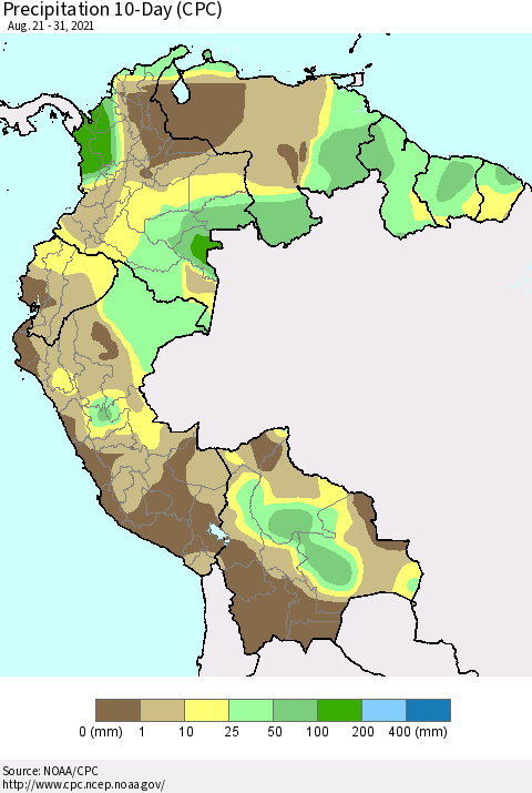 Northern South America Precipitation 10-Day (CPC) Thematic Map For 8/21/2021 - 8/31/2021