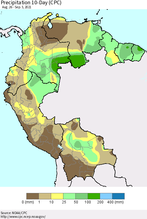 Northern South America Precipitation 10-Day (CPC) Thematic Map For 8/26/2021 - 9/5/2021