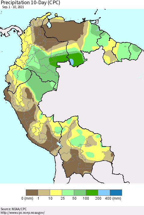 Northern South America Precipitation 10-Day (CPC) Thematic Map For 9/1/2021 - 9/10/2021
