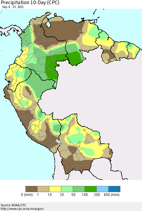 Northern South America Precipitation 10-Day (CPC) Thematic Map For 9/6/2021 - 9/15/2021