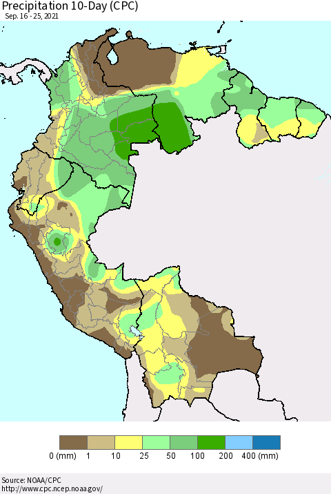 Northern South America Precipitation 10-Day (CPC) Thematic Map For 9/16/2021 - 9/25/2021