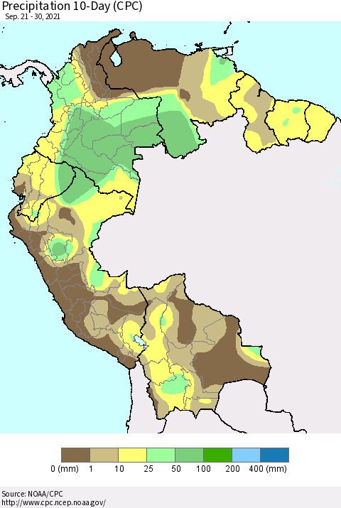 Northern South America Precipitation 10-Day (CPC) Thematic Map For 9/21/2021 - 9/30/2021