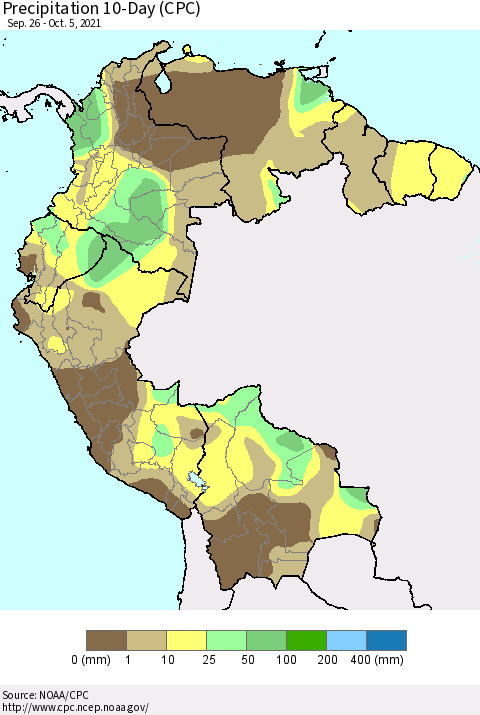 Northern South America Precipitation 10-Day (CPC) Thematic Map For 9/26/2021 - 10/5/2021