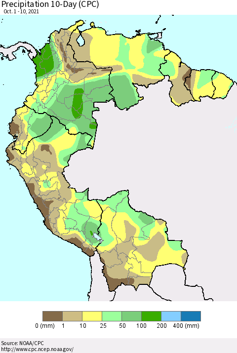 Northern South America Precipitation 10-Day (CPC) Thematic Map For 10/1/2021 - 10/10/2021