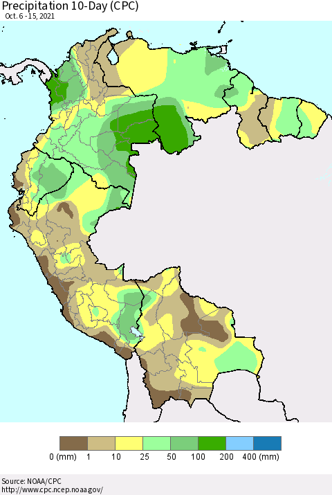 Northern South America Precipitation 10-Day (CPC) Thematic Map For 10/6/2021 - 10/15/2021