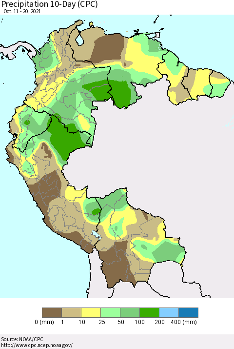 Northern South America Precipitation 10-Day (CPC) Thematic Map For 10/11/2021 - 10/20/2021