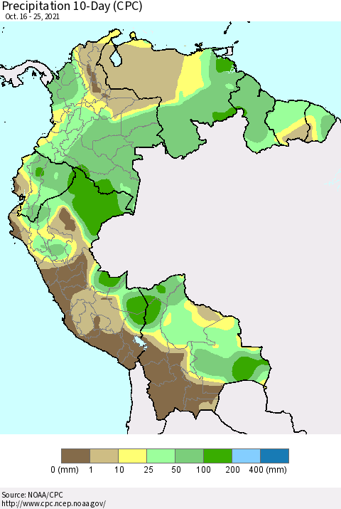 Northern South America Precipitation 10-Day (CPC) Thematic Map For 10/16/2021 - 10/25/2021