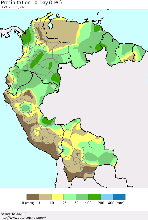 Northern South America Precipitation 10-Day (CPC) Thematic Map For 10/21/2021 - 10/31/2021