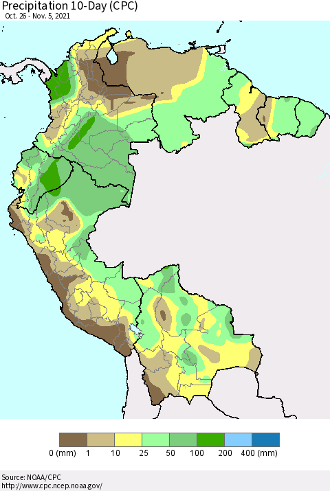 Northern South America Precipitation 10-Day (CPC) Thematic Map For 10/26/2021 - 11/5/2021