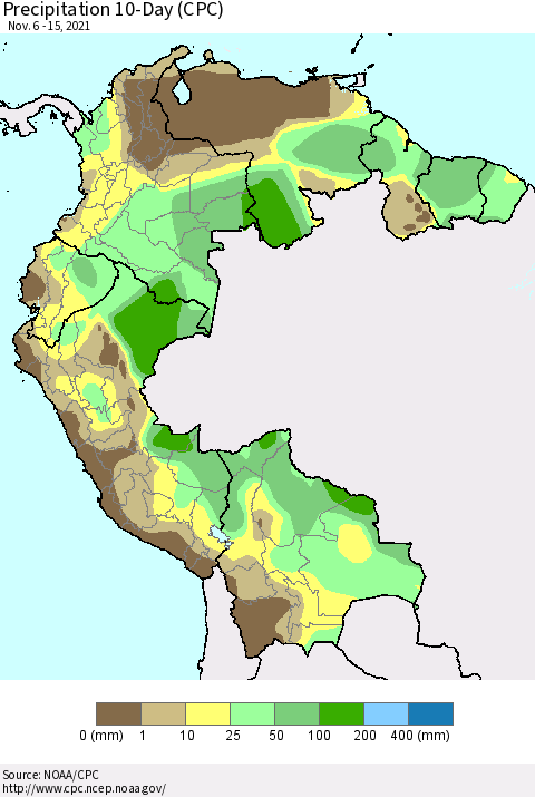 Northern South America Precipitation 10-Day (CPC) Thematic Map For 11/6/2021 - 11/15/2021