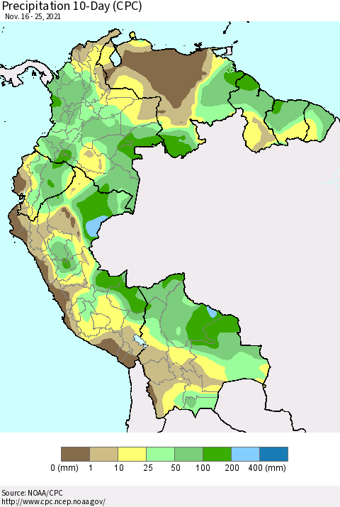 Northern South America Precipitation 10-Day (CPC) Thematic Map For 11/16/2021 - 11/25/2021