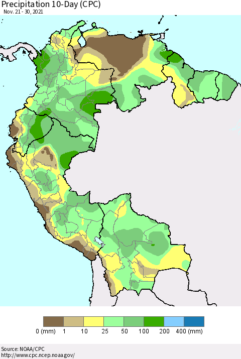 Northern South America Precipitation 10-Day (CPC) Thematic Map For 11/21/2021 - 11/30/2021