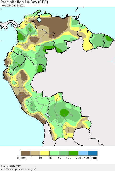 Northern South America Precipitation 10-Day (CPC) Thematic Map For 11/26/2021 - 12/5/2021