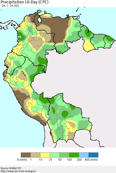 Northern South America Precipitation 10-Day (CPC) Thematic Map For 12/1/2021 - 12/10/2021