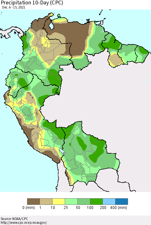 Northern South America Precipitation 10-Day (CPC) Thematic Map For 12/6/2021 - 12/15/2021