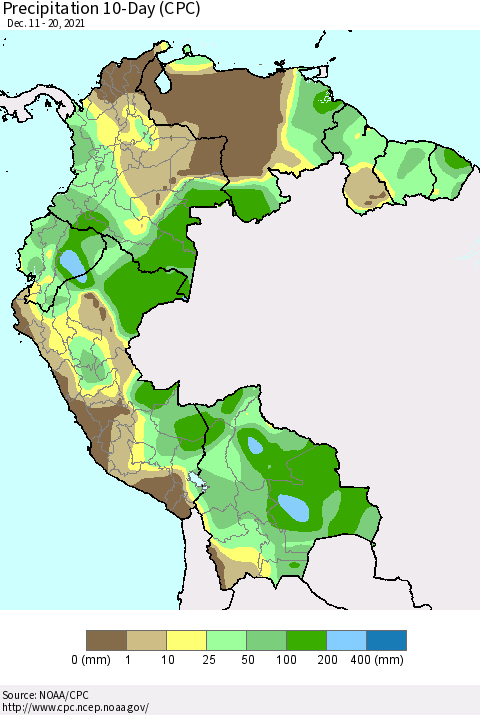 Northern South America Precipitation 10-Day (CPC) Thematic Map For 12/11/2021 - 12/20/2021