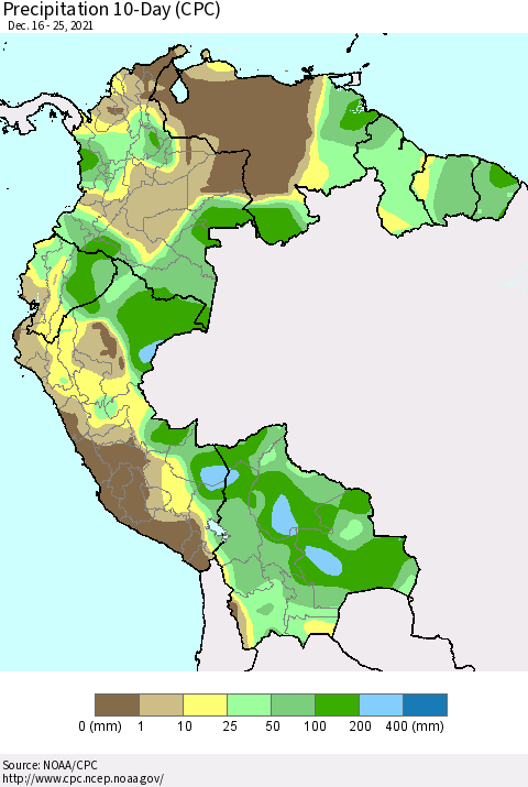 Northern South America Precipitation 10-Day (CPC) Thematic Map For 12/16/2021 - 12/25/2021