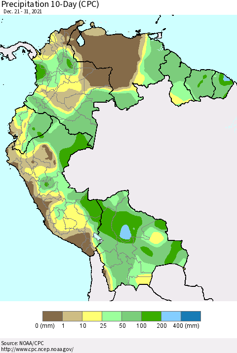 Northern South America Precipitation 10-Day (CPC) Thematic Map For 12/21/2021 - 12/31/2021