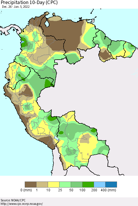 Northern South America Precipitation 10-Day (CPC) Thematic Map For 12/26/2021 - 1/5/2022