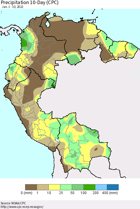 Northern South America Precipitation 10-Day (CPC) Thematic Map For 1/1/2022 - 1/10/2022