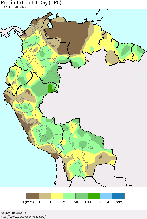 Northern South America Precipitation 10-Day (CPC) Thematic Map For 1/11/2022 - 1/20/2022