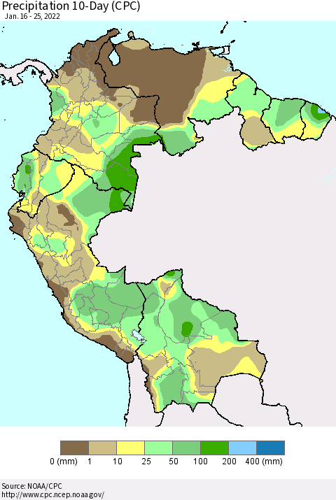 Northern South America Precipitation 10-Day (CPC) Thematic Map For 1/16/2022 - 1/25/2022
