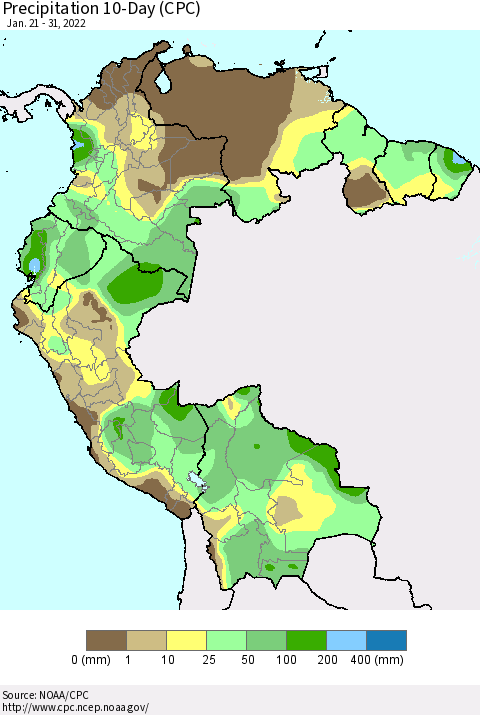 Northern South America Precipitation 10-Day (CPC) Thematic Map For 1/21/2022 - 1/31/2022