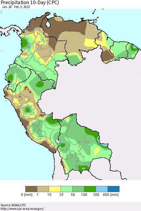 Northern South America Precipitation 10-Day (CPC) Thematic Map For 1/26/2022 - 2/5/2022